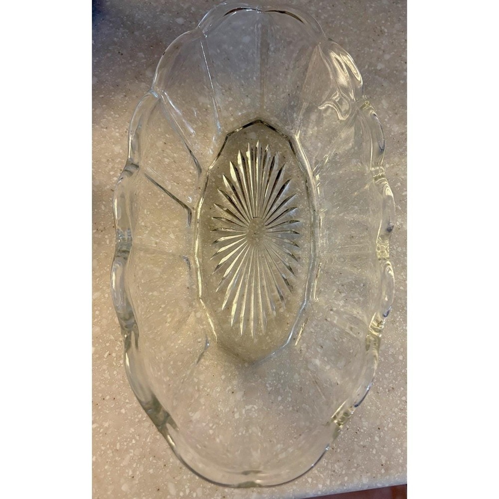 Vintage Heisey Colonial Clear Glass Oval Pickle Relish Dish Scalloped Starburst